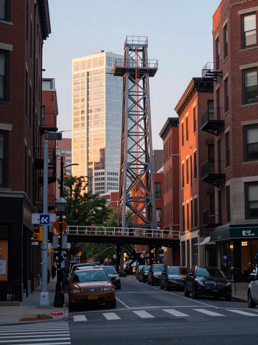 Early Morning Boston Street Scene with Bridge Maintenance Cage and Urban Elements in in Boston, Massachusetts, United States