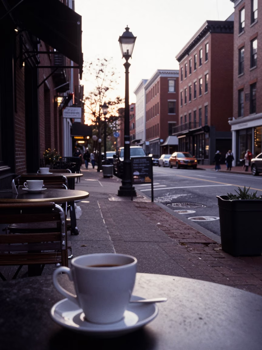 Early Morning Boston Street Scene with Ceramic Cup and Baguettes on Wooden Table in in Boston, Massachusetts, United States