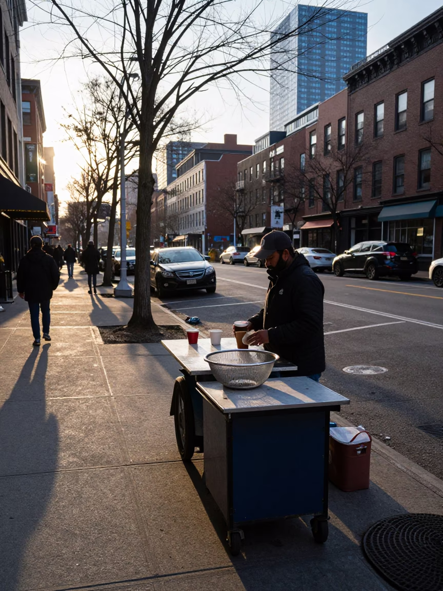 Early Morning Boston Street Scene with Coffee and Urban Architecture in in Boston, Massachusetts, United States