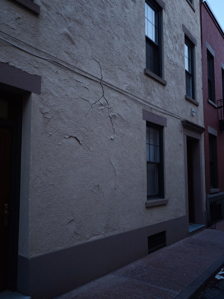 Early Morning Boston Street Scene with Cracked Stucco and Ferns in Spring in in Boston, Massachusetts, United States
