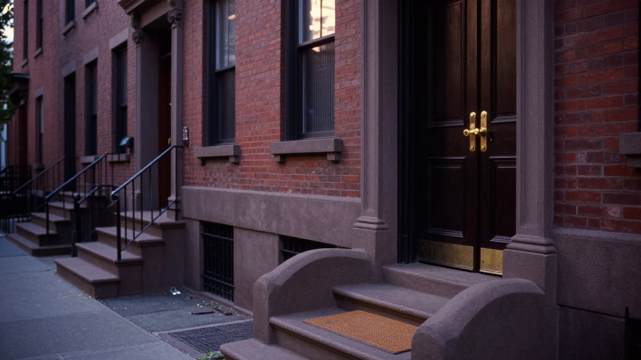 Early Morning Boston Street Scene with Doormat and Deadbolt at Dawn in in Boston, Massachusetts, United States