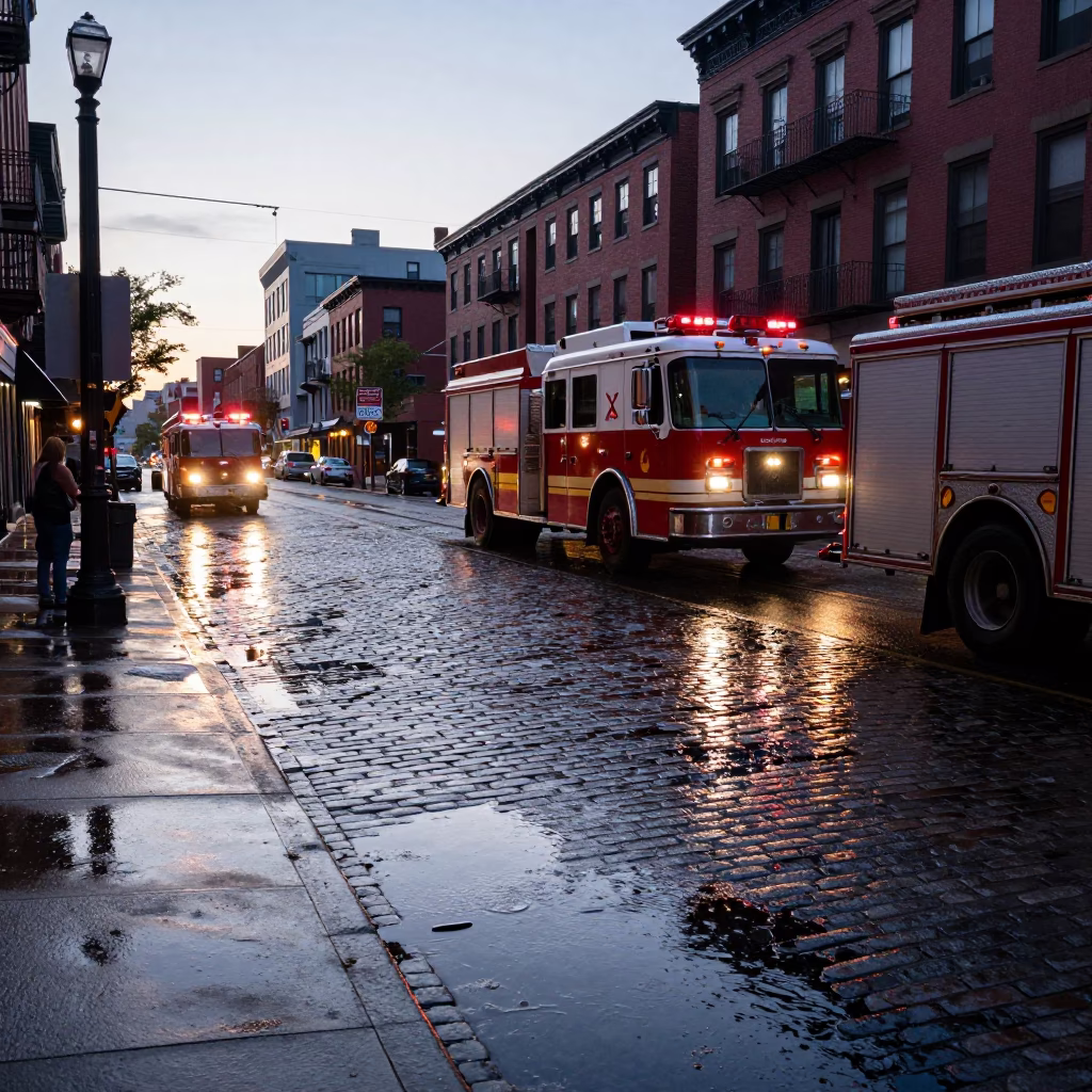 Early Morning Boston Street Scene with Fire Engine and Wet Cobblestone Reflections in in Boston, Massachusetts, United States