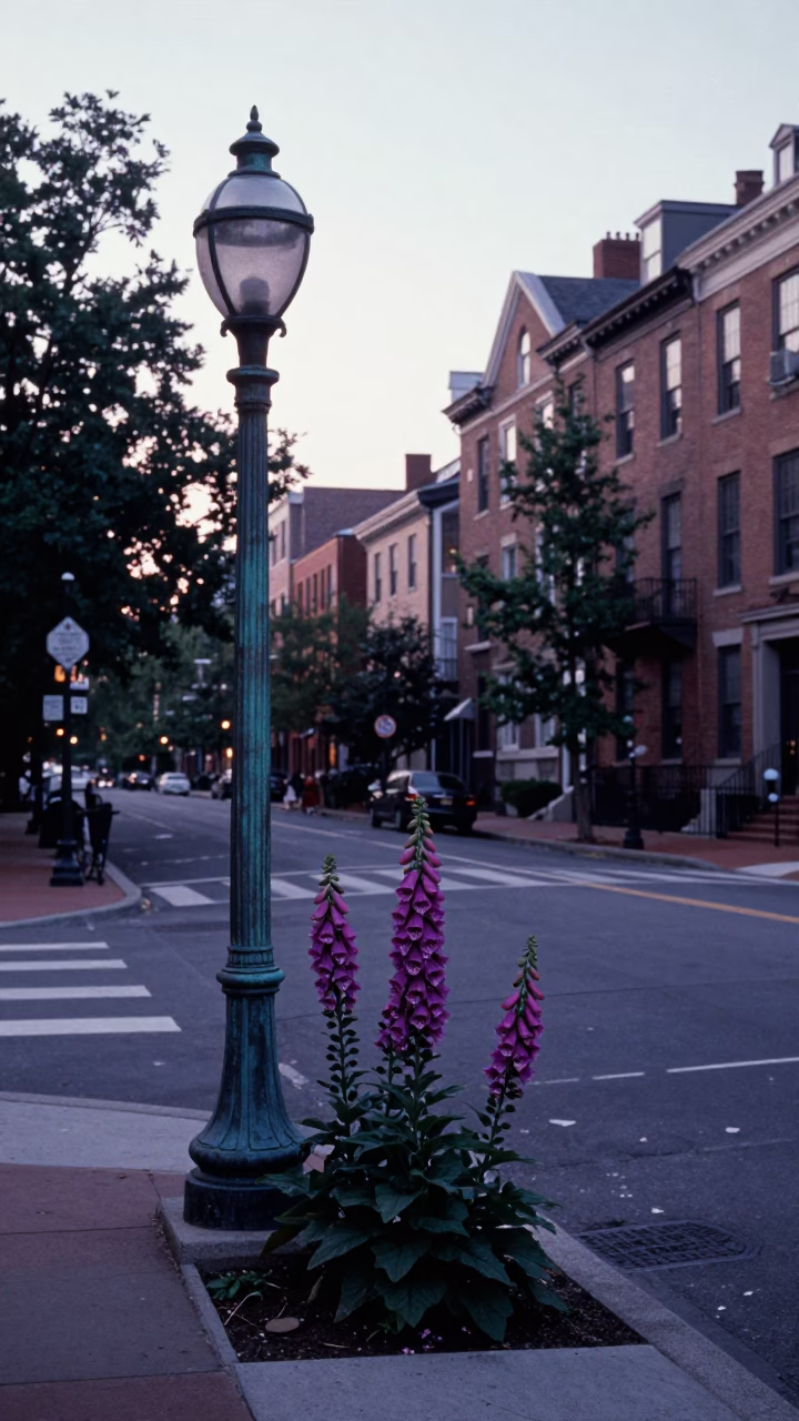 Early Morning Boston Street Scene with Foxglove and Vintage Details in in Boston, Massachusetts, United States
