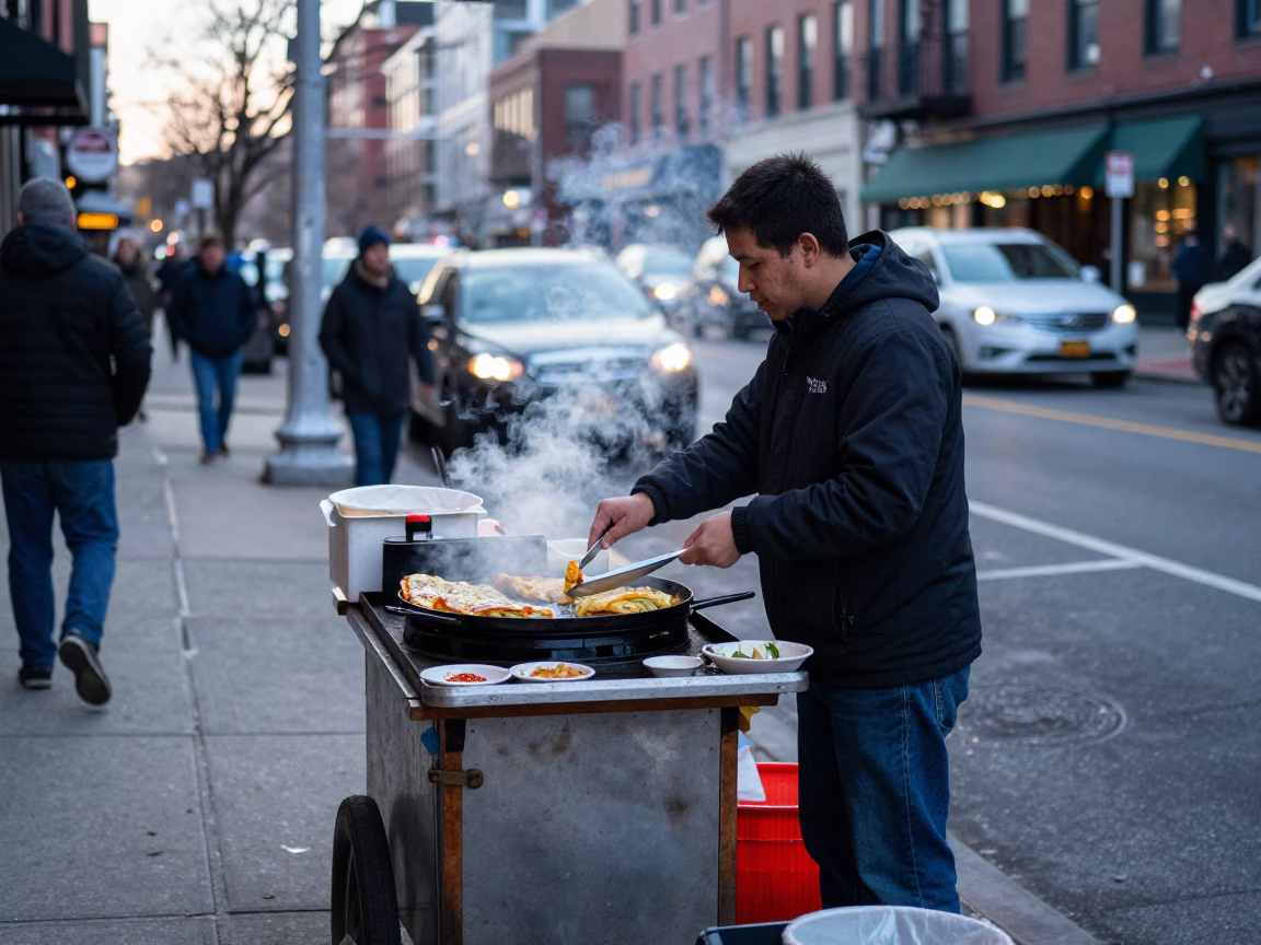Early Morning Boston Street Scene with Local Food Vendor and Urban Architecture in in Boston, Massachusetts, United States