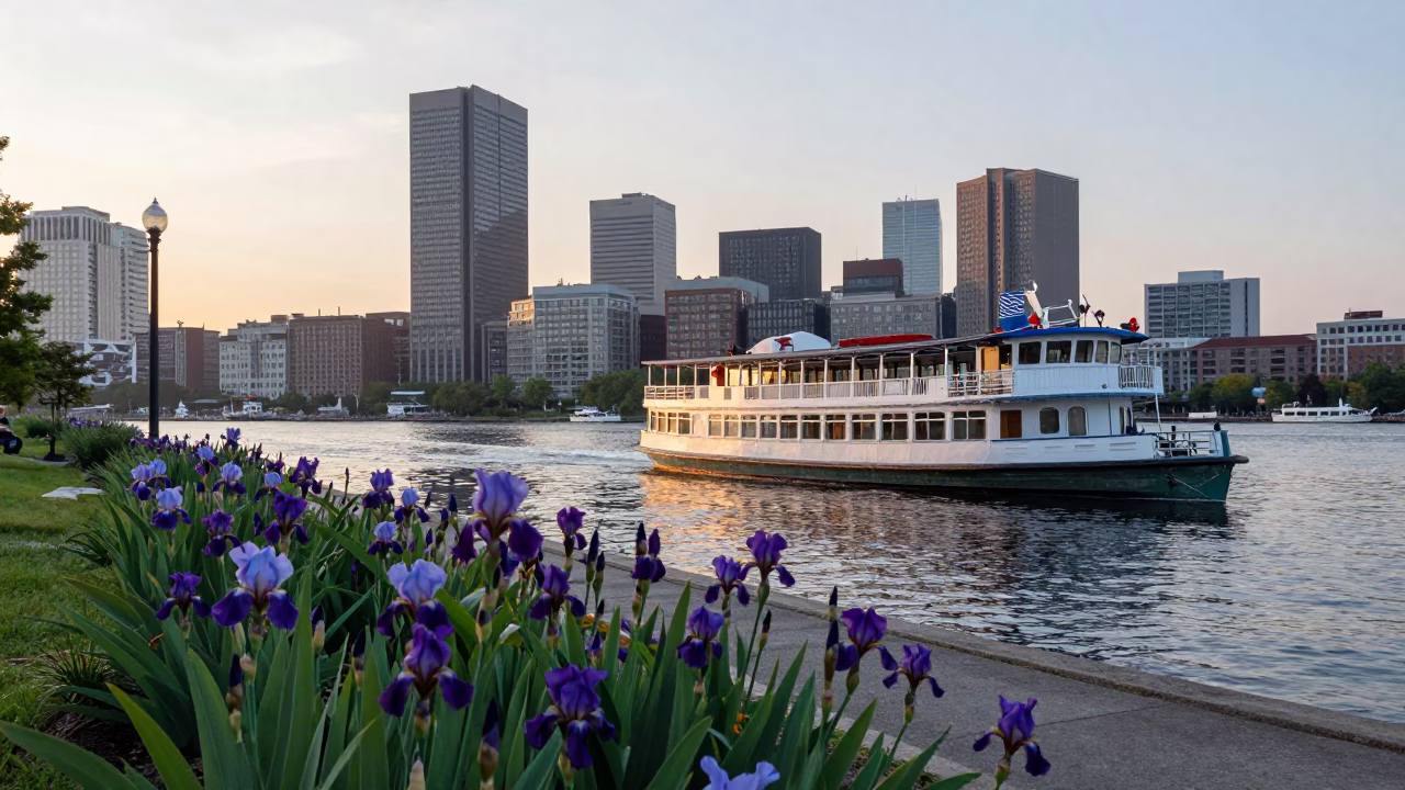 Early Morning Boston Street Scene with Mail Boat and Wild Irises in in Boston, Massachusetts, United States