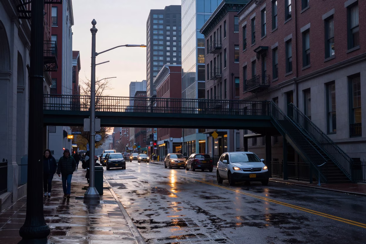 Early Morning Boston Street Scene with Pedestrian Overpass and Wet Footsteps in in Boston, Massachusetts, United States