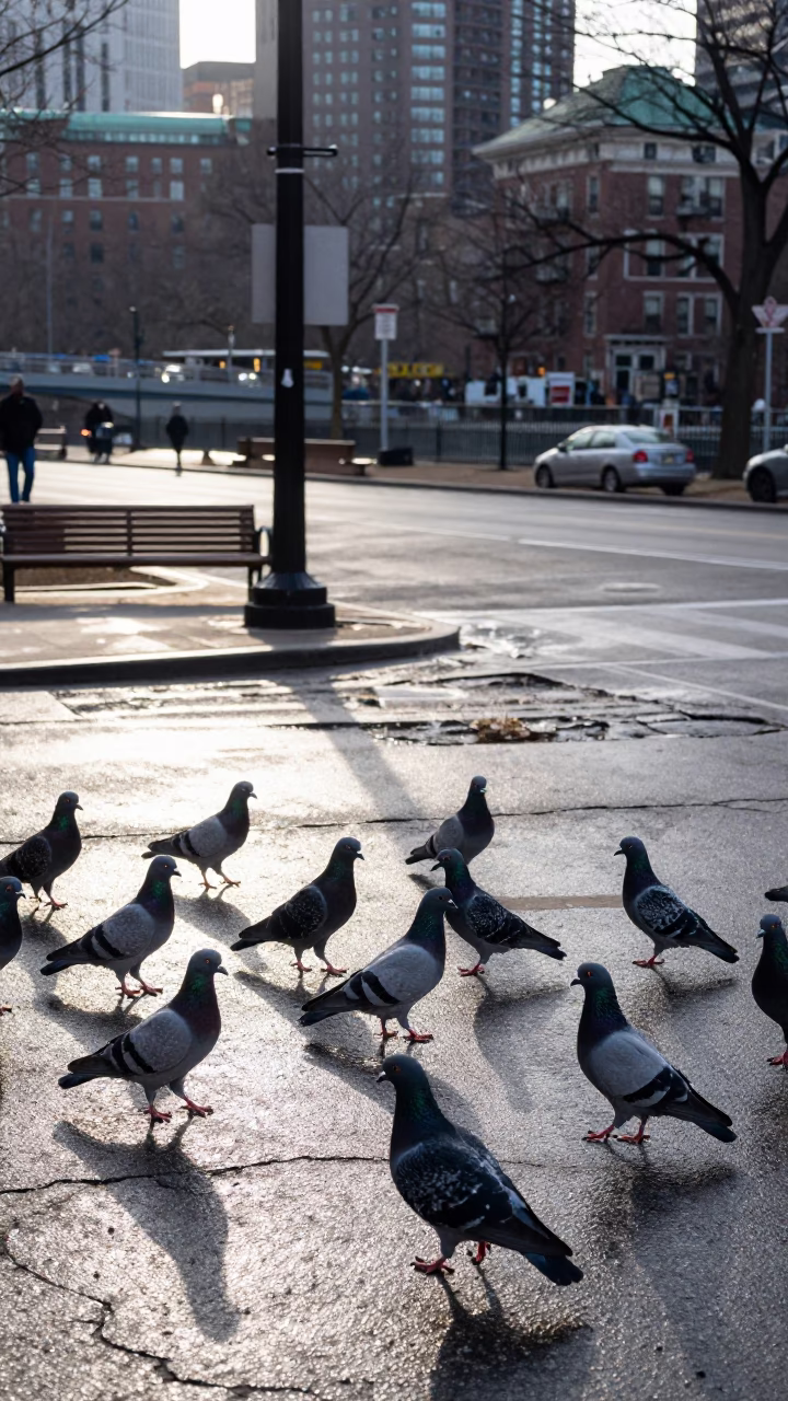 Early Morning Boston Street Scene with Pigeons and Wicker Shadow on Wet Drain in in Boston, Massachusetts, United States