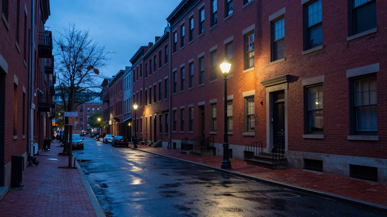 Early Morning Boston Street Scene with Red Brick Buildings and Wet Pavement Before Dawn in in Boston, Massachusetts, United States