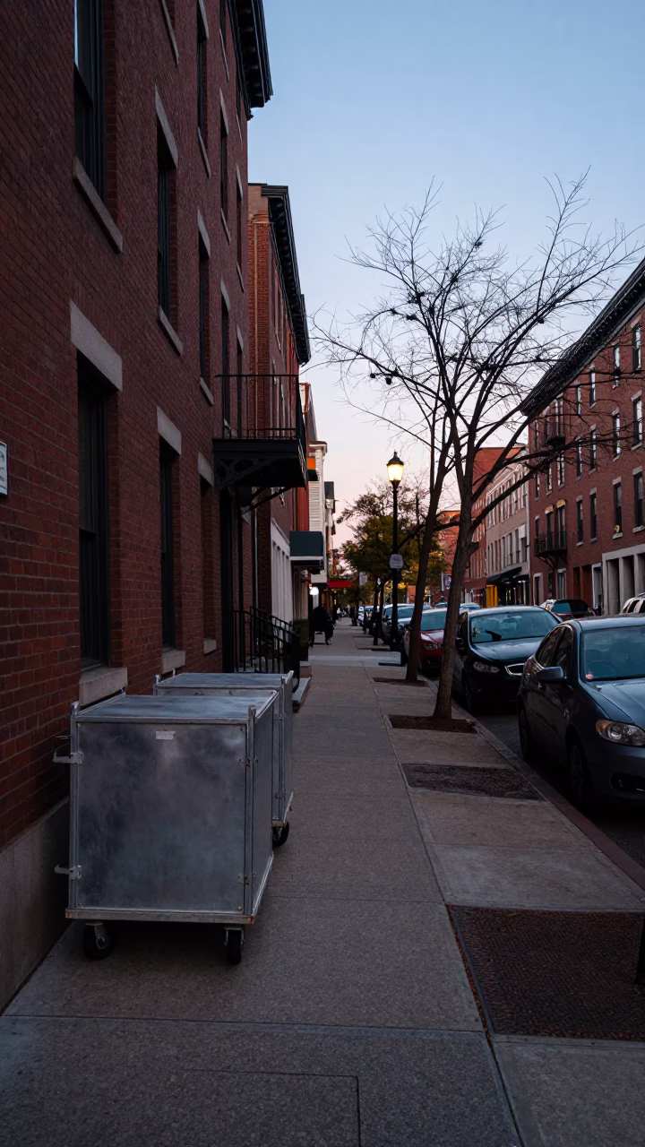 Early Morning Boston Street Scene with Rolling Carts and Urban Dawn Light in in Boston, Massachusetts, United States