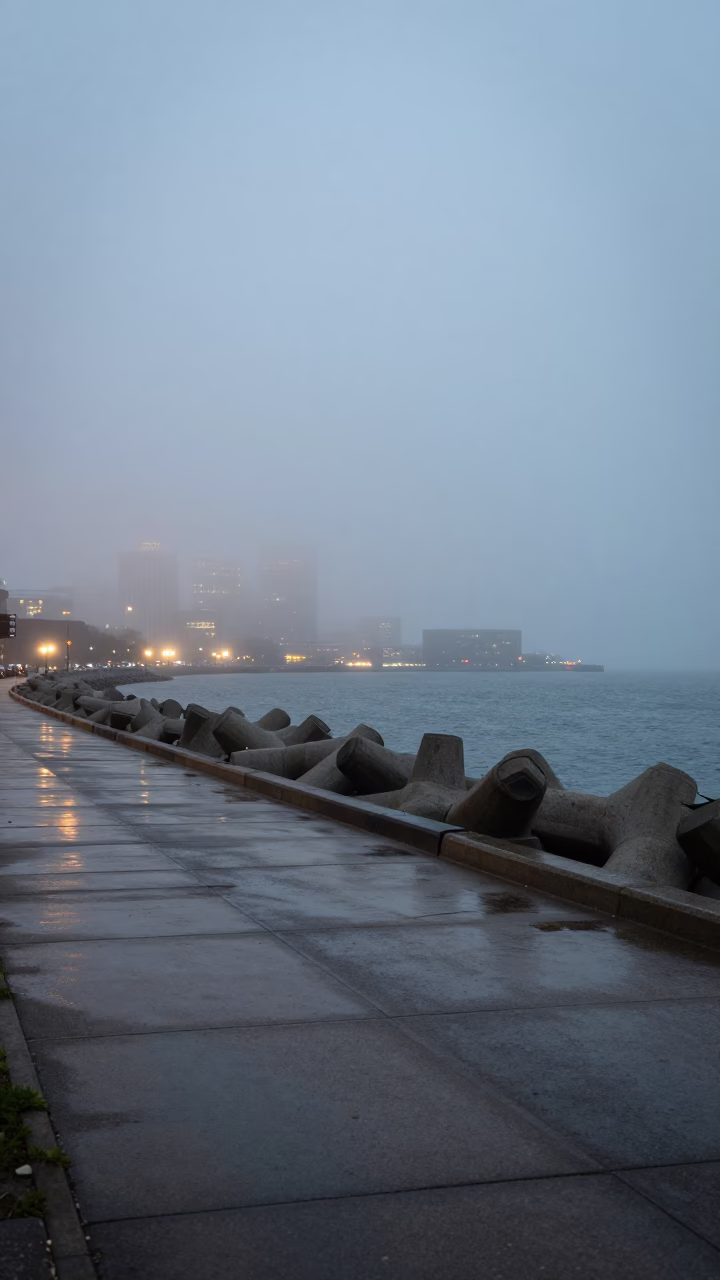 Early Morning Boston Street Scene with Sea Fog and Breakwater at Dawn in in Boston, Massachusetts, United States