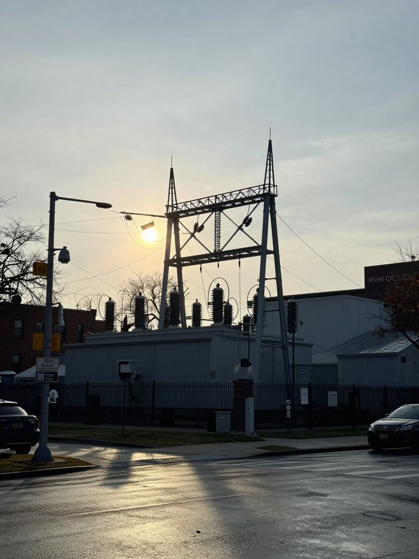 Early Morning Boston Street Scene with Transmission Substation and Hoarfrost Before Sunrise in in Boston, Massachusetts, United States