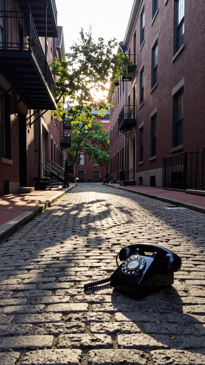 Early Morning Boston Street Scene with Vintage Bakelite Telephone and Leaf Shadows in in Boston, Massachusetts, United States