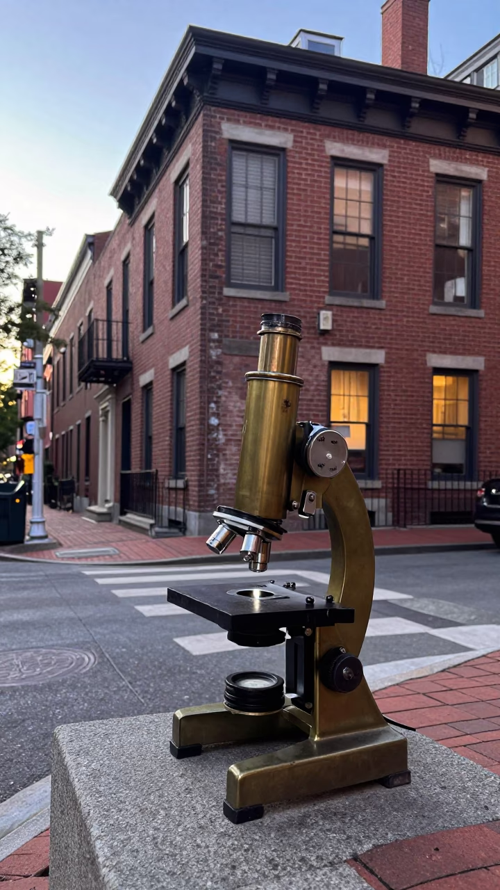Early Morning Boston Street Scene with Vintage Brass Microscope and Hydrangea Bush in Massachusetts in in Boston, Massachusetts, United States