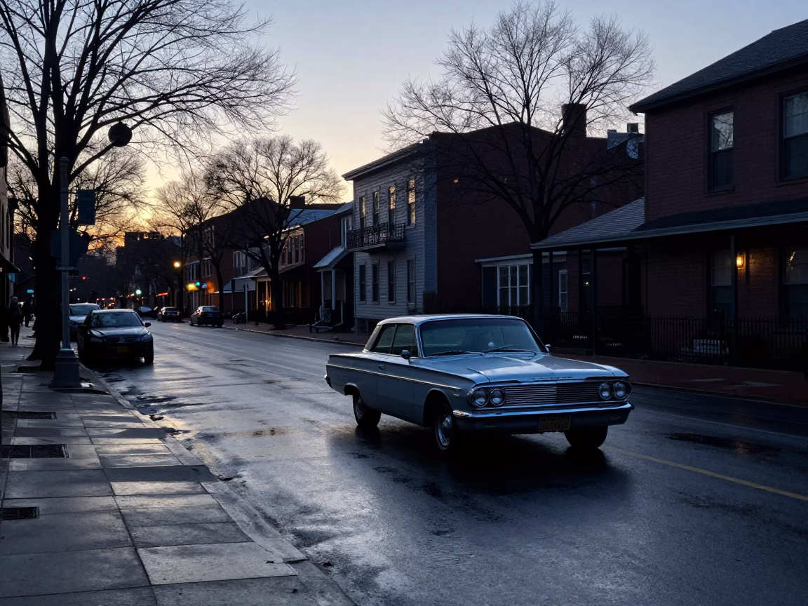 Early Morning Boston Street Scene with Vintage Car and Urban Architecture Before Sunrise in in Boston, Massachusetts, United States