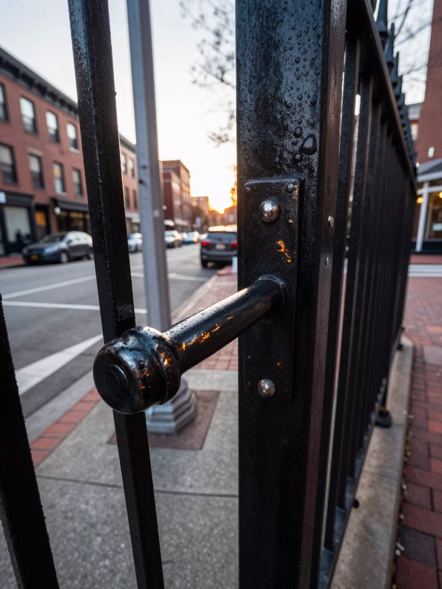 Early Morning Boston Street Scene with Vintage Gate Handle and Brick Architecture in in Boston, Massachusetts, United States