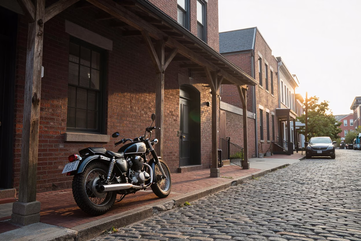 Early Morning Boston Street Scene with Vintage Motorcycle and Demolition Dumpster Outside Historic Facade in in Boston, Massachusetts, United States