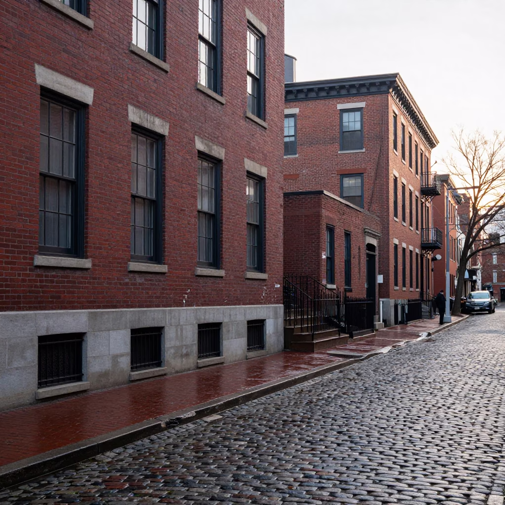 Early Morning Boston Street Scene with Vintage Red Brick Buildings and Concrete Drainage Infrastructure in in Boston, Massachusetts, United States