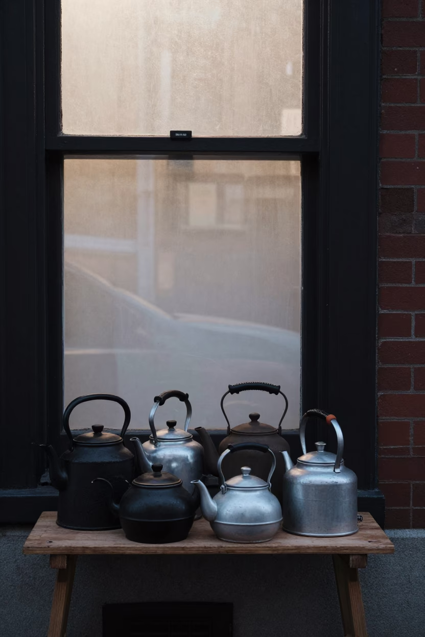 Early Morning Boston Street Scene with Vintage Tea Kettles and Window Light in in Boston, Massachusetts, United States