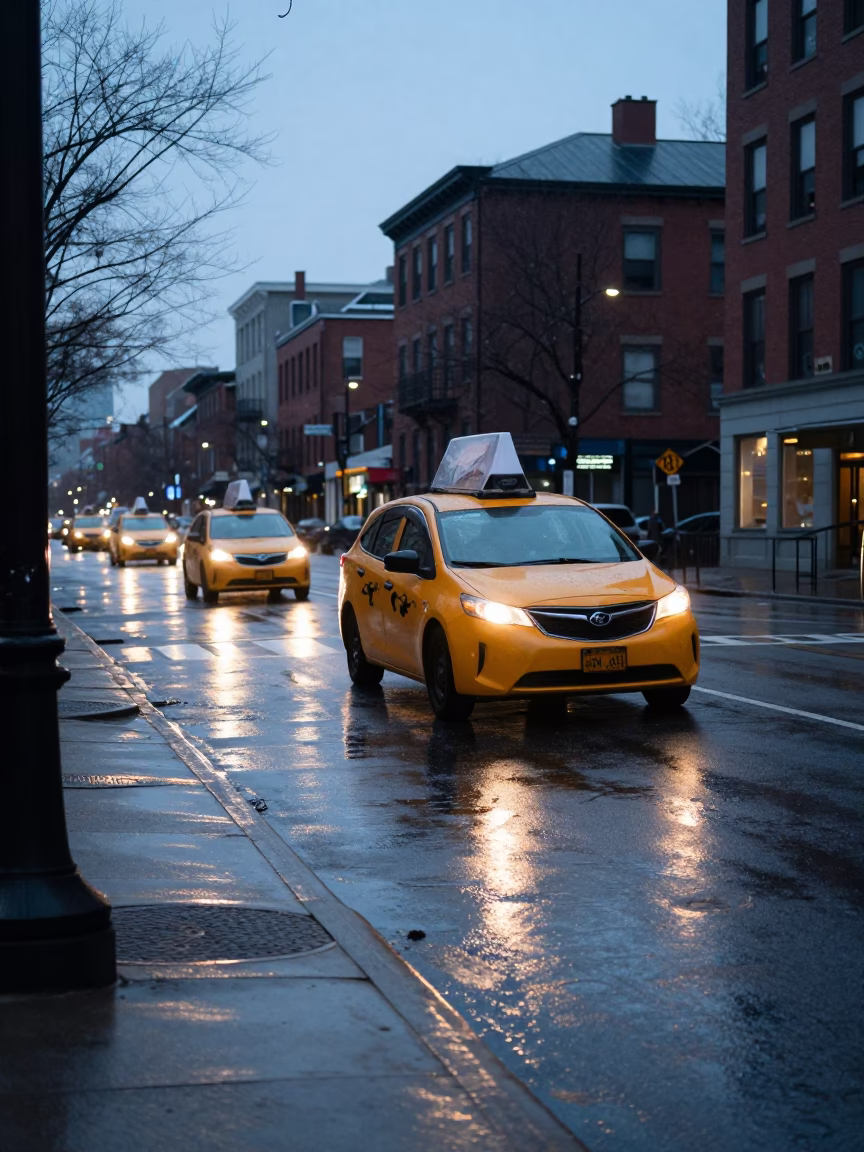 Early Morning Boston Street Scene with Yellow Taxi and Newspaper Vendor in in Boston, Massachusetts, United States