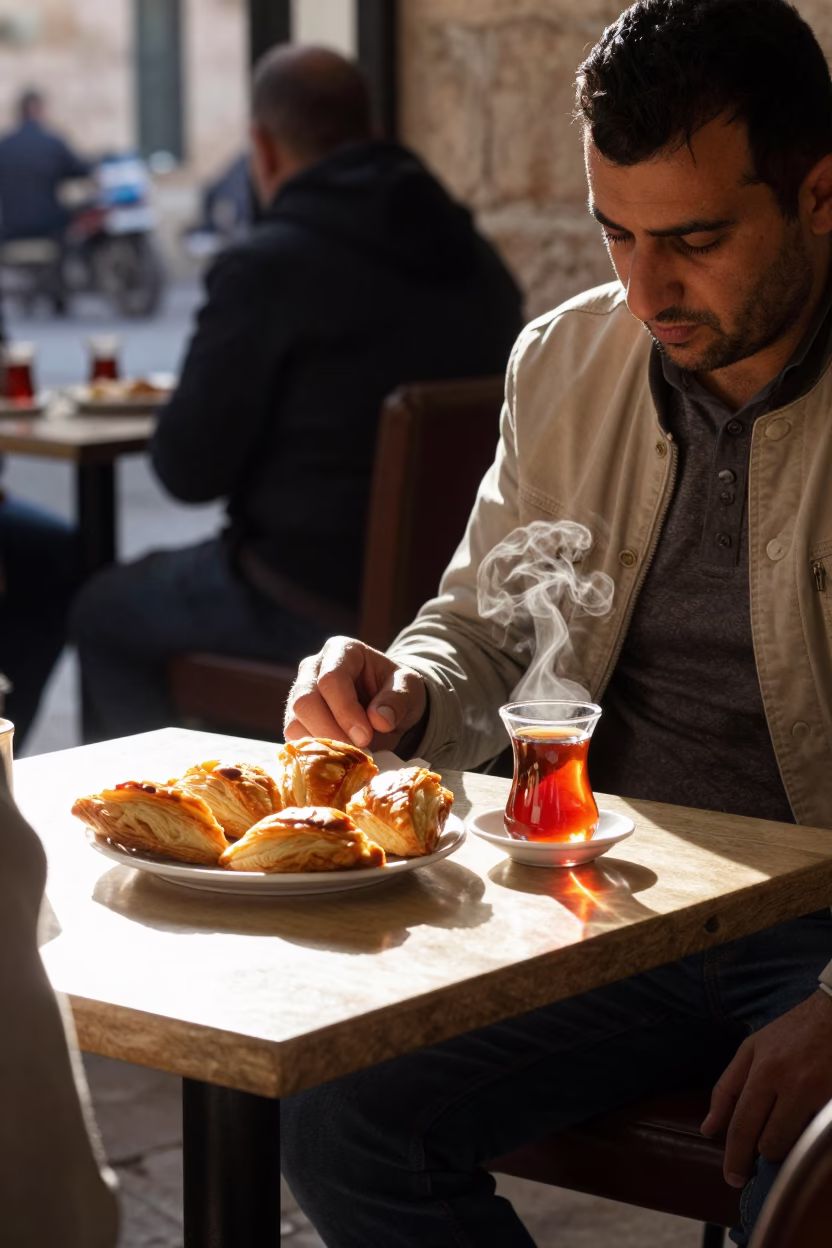 Early Morning Breakfast Scene in Amman Jordan with Fresh Pastries and Traditional Tea Service in in Amman, Jordan