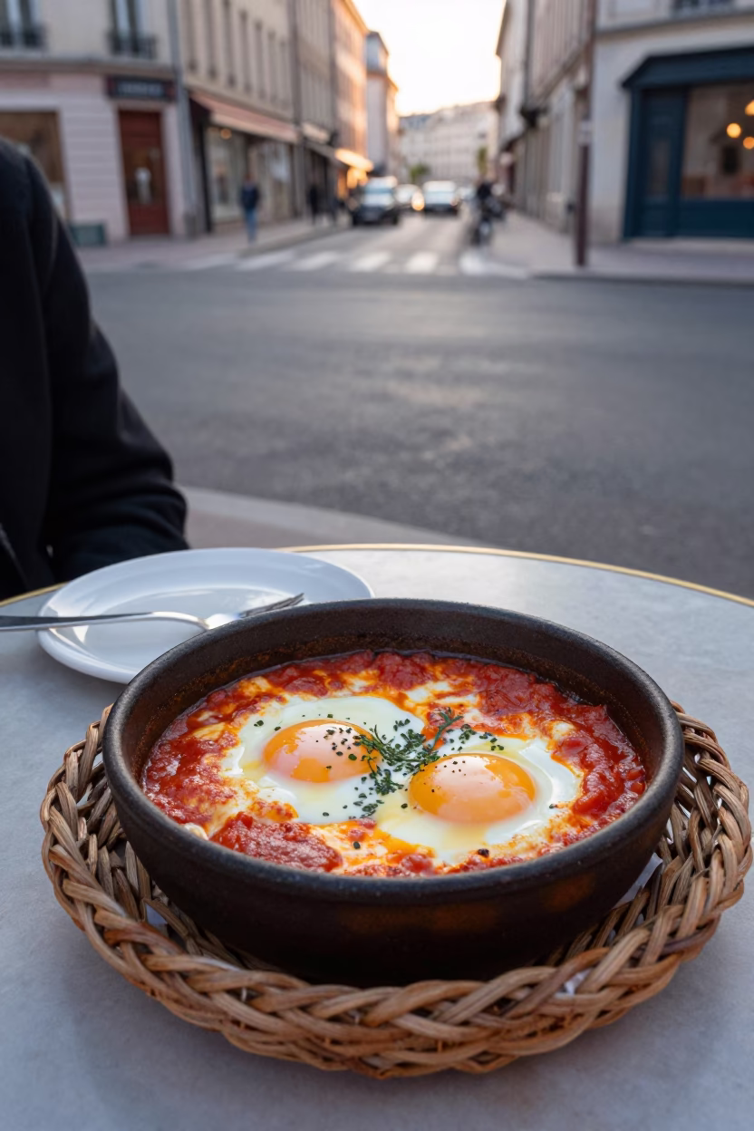 Early Morning Breakfast Scene in Lyon France with Shakshuka and Wicker Basket in in Lyon, France