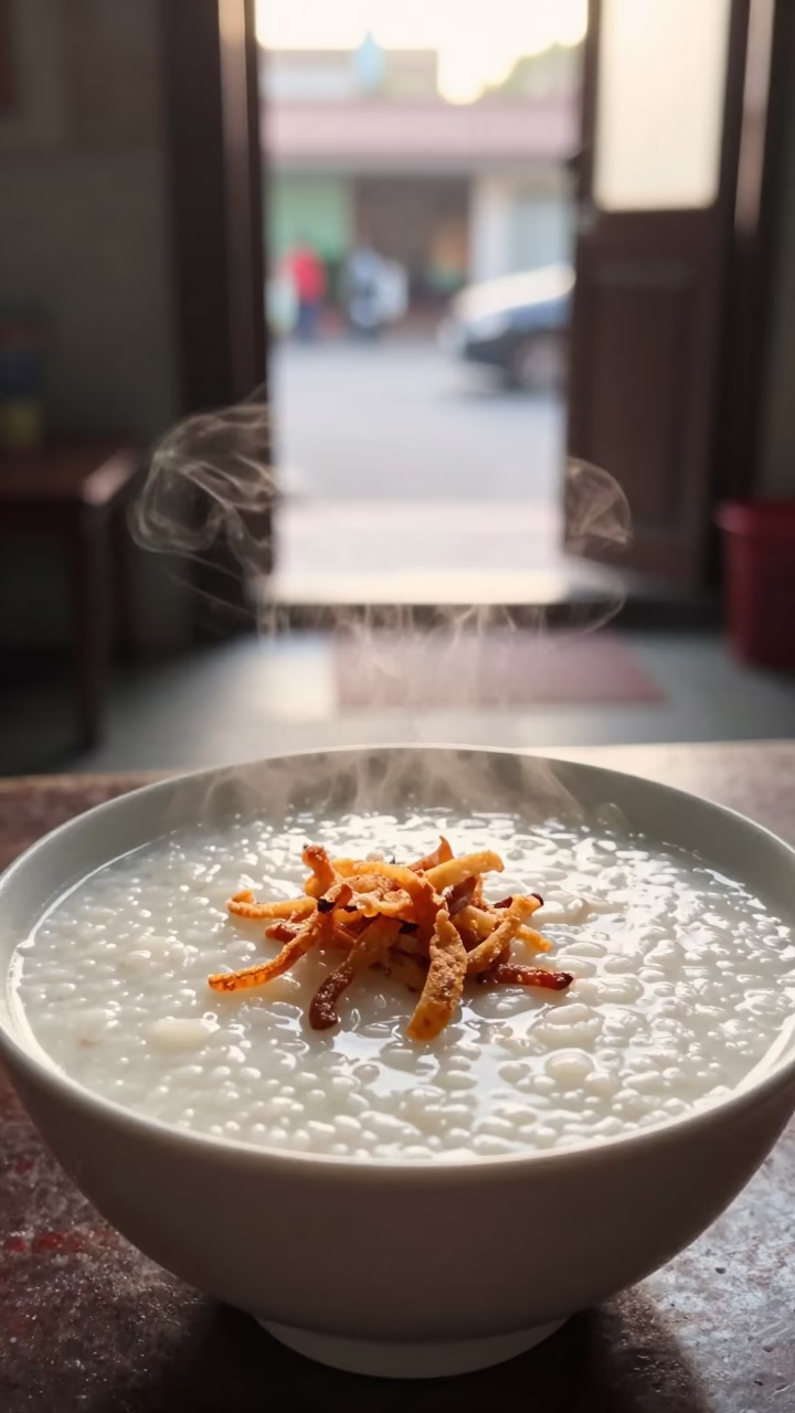 Early Morning Breakfast Scene with Congee and Crispy Shallots in Tainan Taiwan in in Tainan, Taiwan
