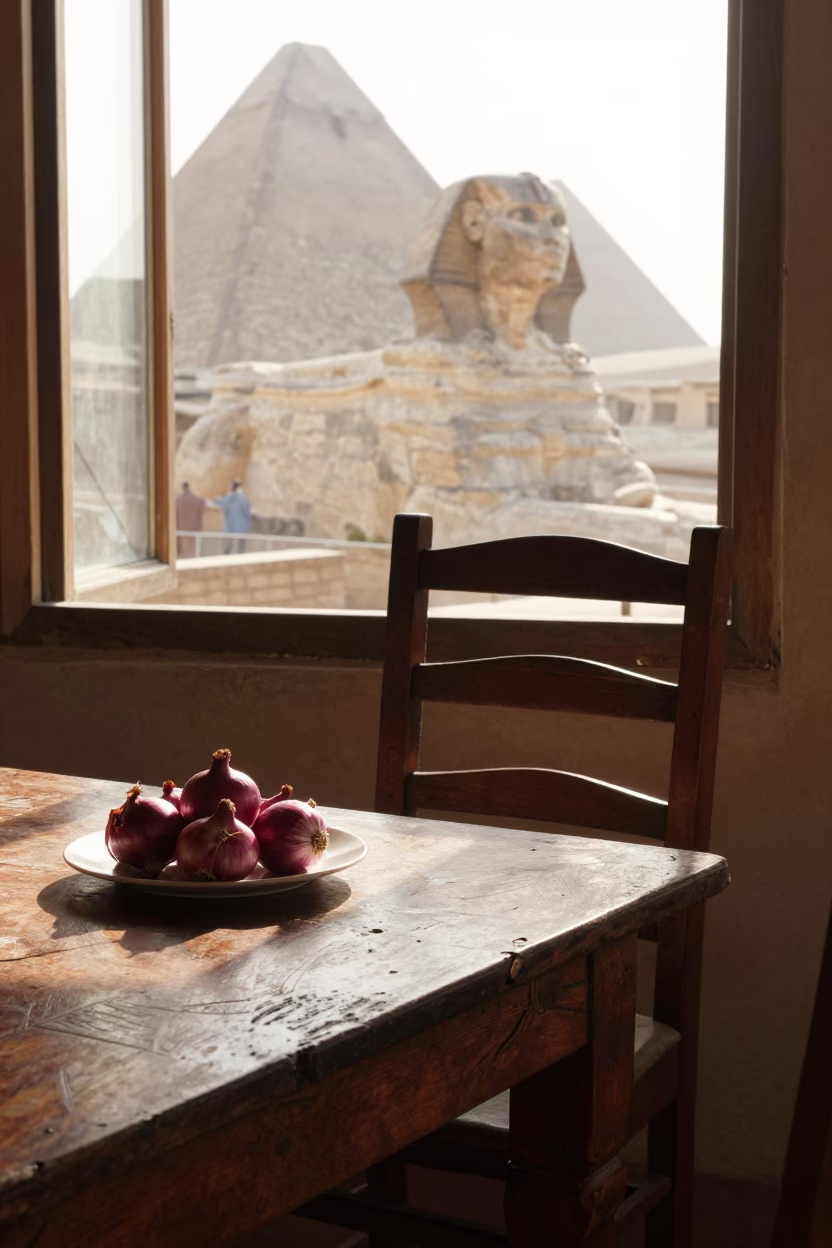 Early Morning Breakfast Scene with Ladder-Back Chair and Onions in Luxor Egypt in in Luxor, Egypt