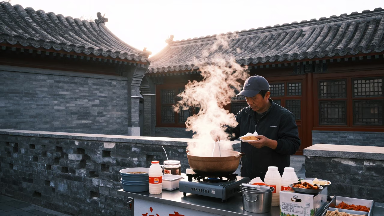 Early Morning Breakfast Stall in Beijing Courtyard with Steaming Clay Pot and Wooden Tables in in Beijing, China