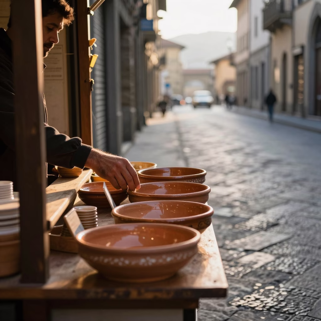 Early Morning Breakfast Stall in Florence Italy with Terracotta Bowls and Local Patrons in in Florence, Italy