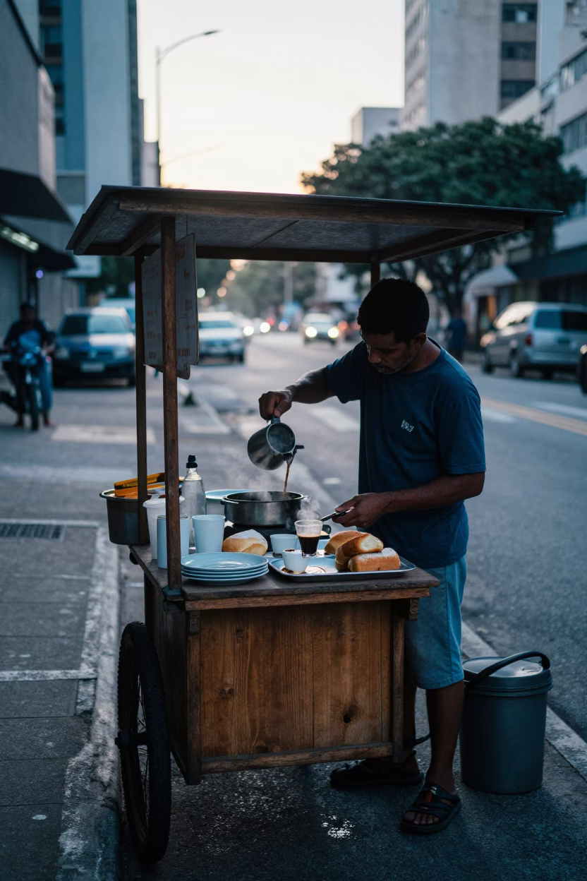 Early Morning Breakfast Stall in São Paulo Brazil with Coffee and Bread in in São Paulo, Brazil