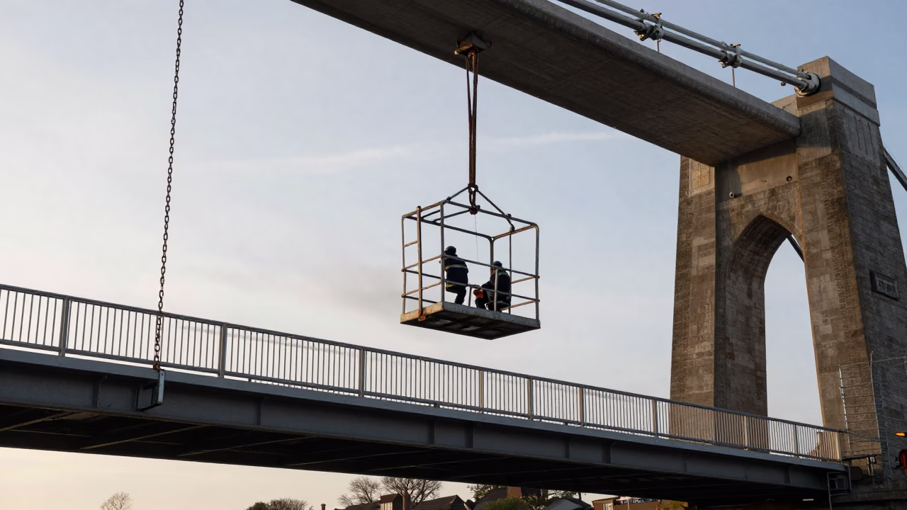 Early Morning Bridge Maintenance Cage Swinging in Bristol Crosswind in in Bristol, United Kingdom