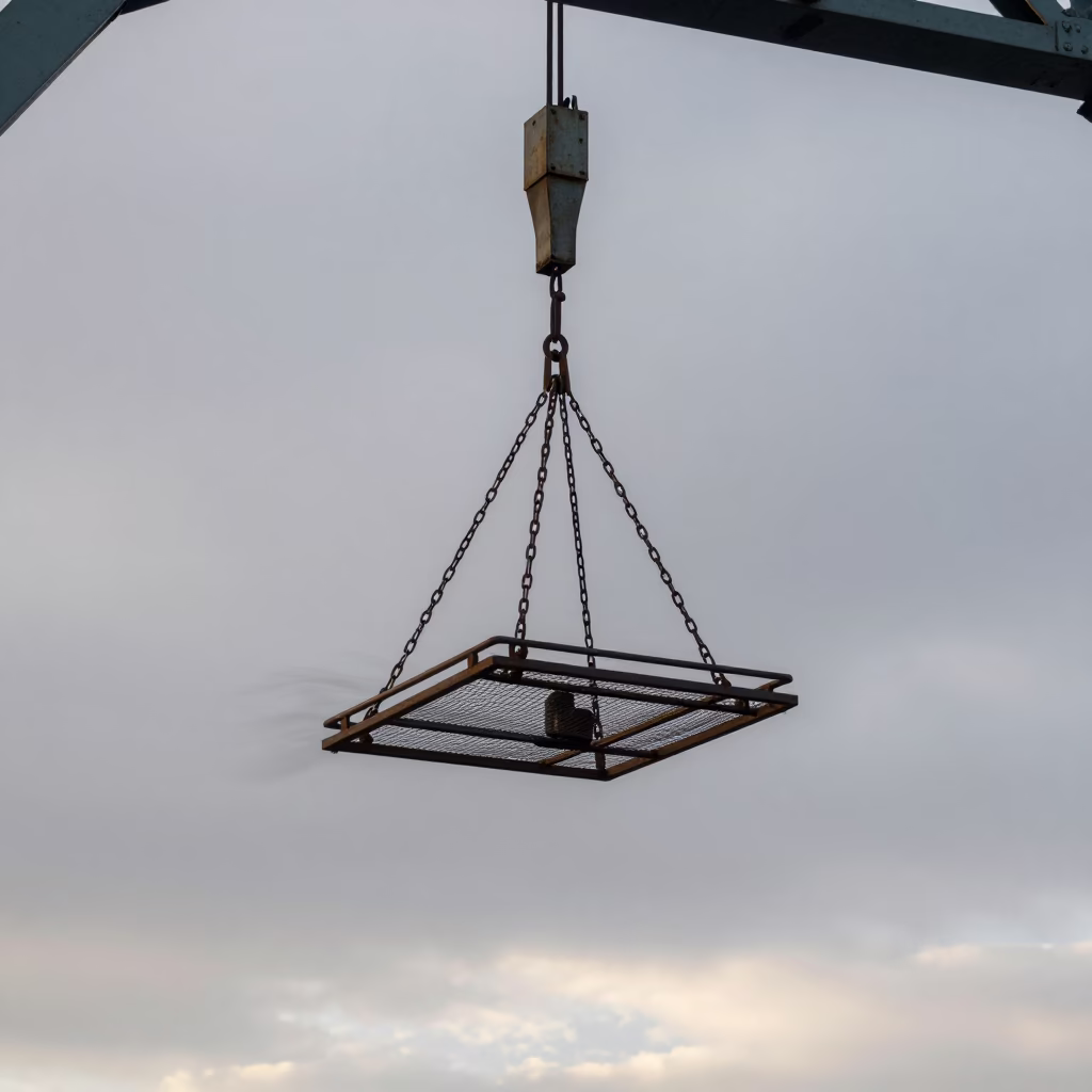Early Morning Bridge Maintenance Cage Swinging in Wind Portland Oregon Street Photography in in Portland, Oregon, United States