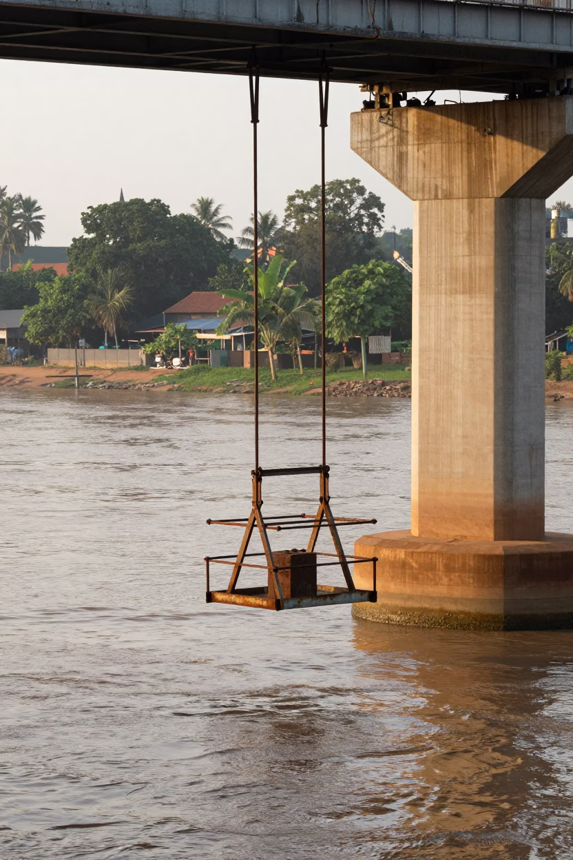 Early Morning Bridge Maintenance in Phnom Penh Cambodia in in Phnom Penh, Cambodia