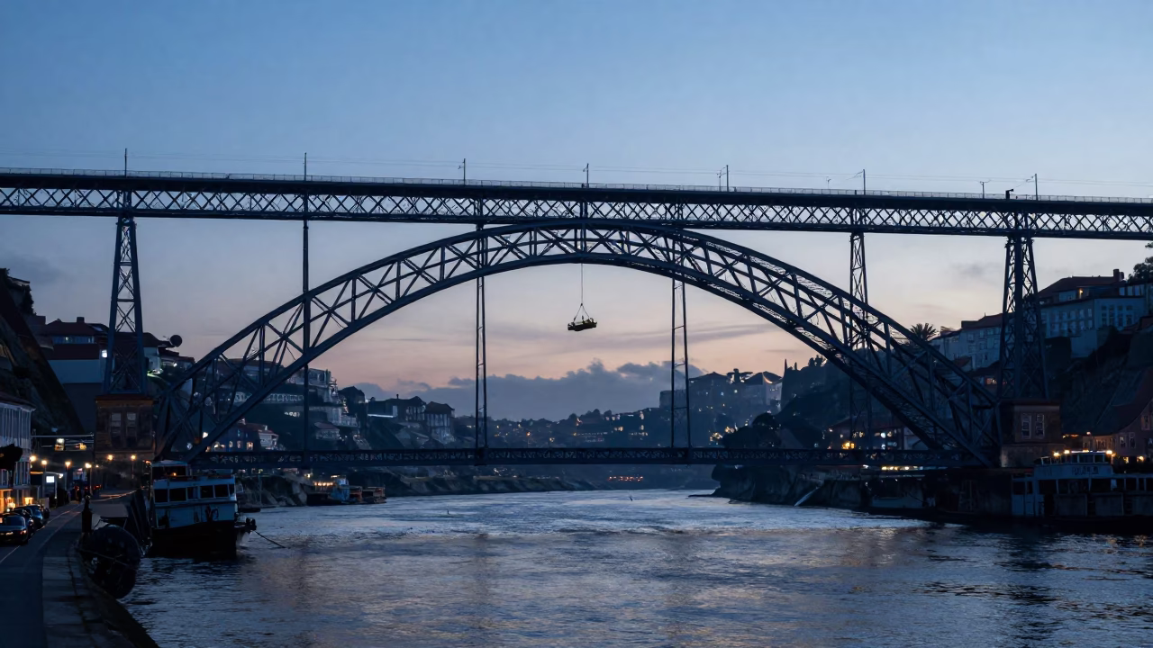 Early Morning Bridge Maintenance in Porto Portugal Pre-Sunrise River Scene in in Porto, Portugal