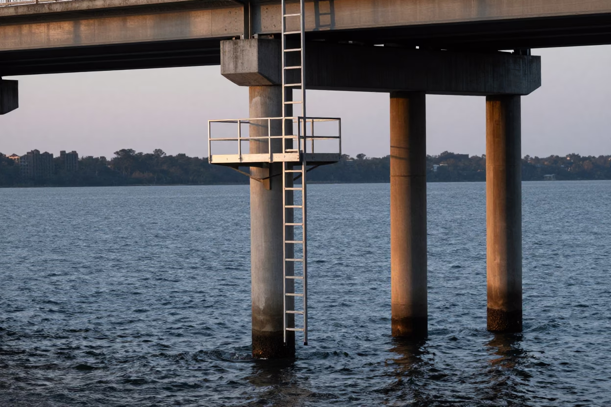 Early Morning Bridge Pier Inspection in Austin Texas Before Sunrise in in Austin, Texas, United States