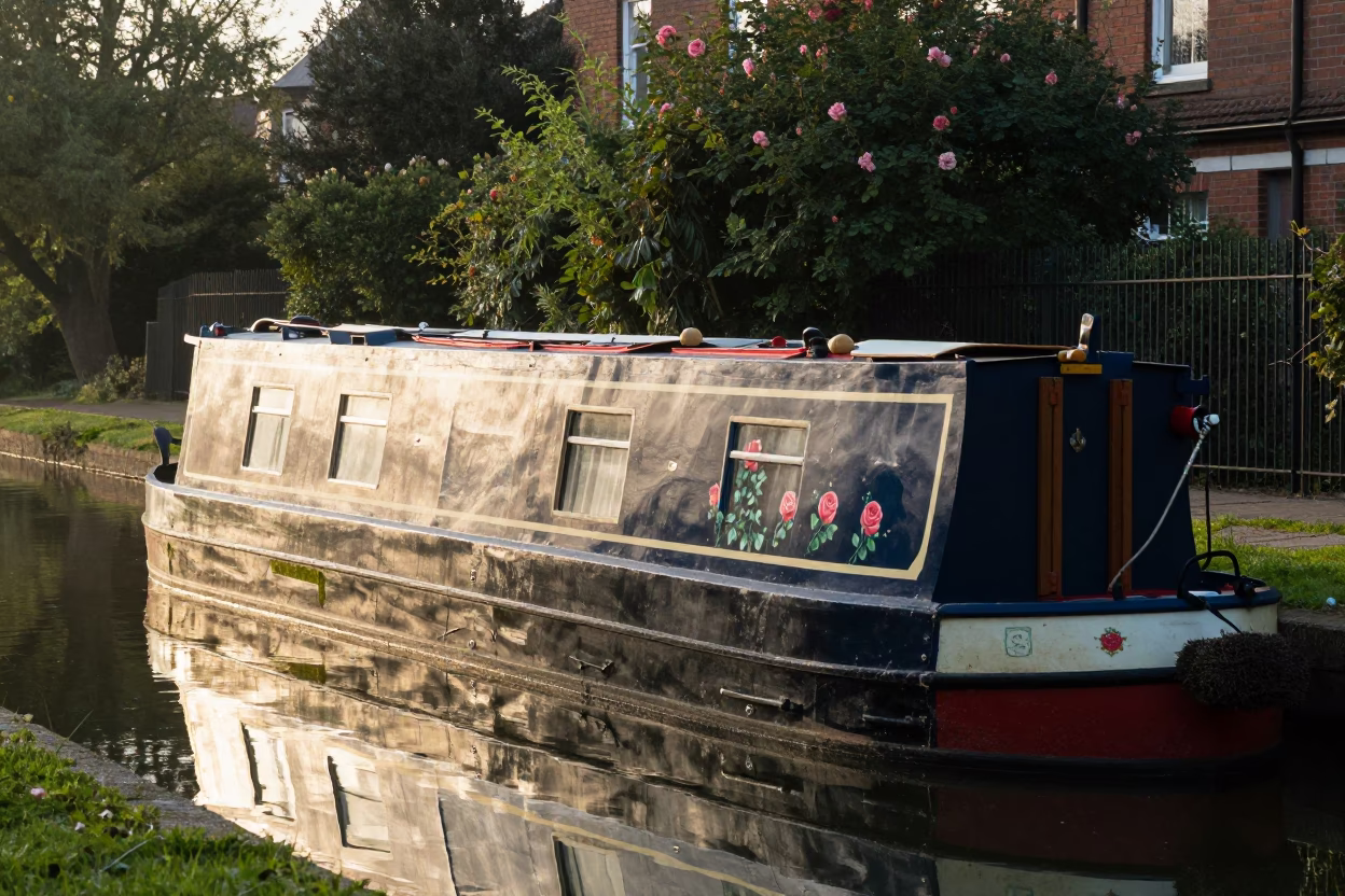 Early Morning Bristol Canal Scene with Narrowboat and Roses at Dawn in in Bristol, United Kingdom