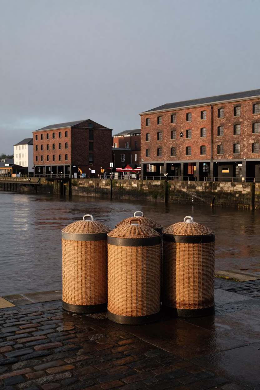 Early Morning Bristol Harbor Canisters and Woven Cane Textures on Quayside in in Bristol, United Kingdom