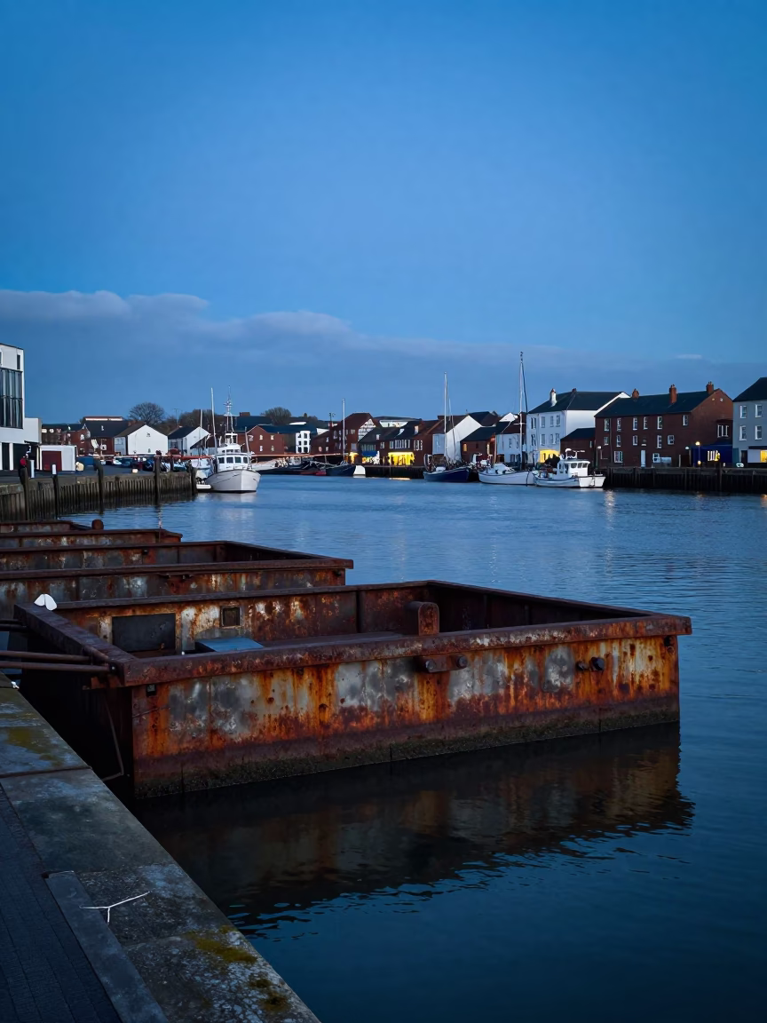 Early Morning Bristol Harbor Scene with Rusty Basin and Brass Cabinet Door in in Bristol, United Kingdom