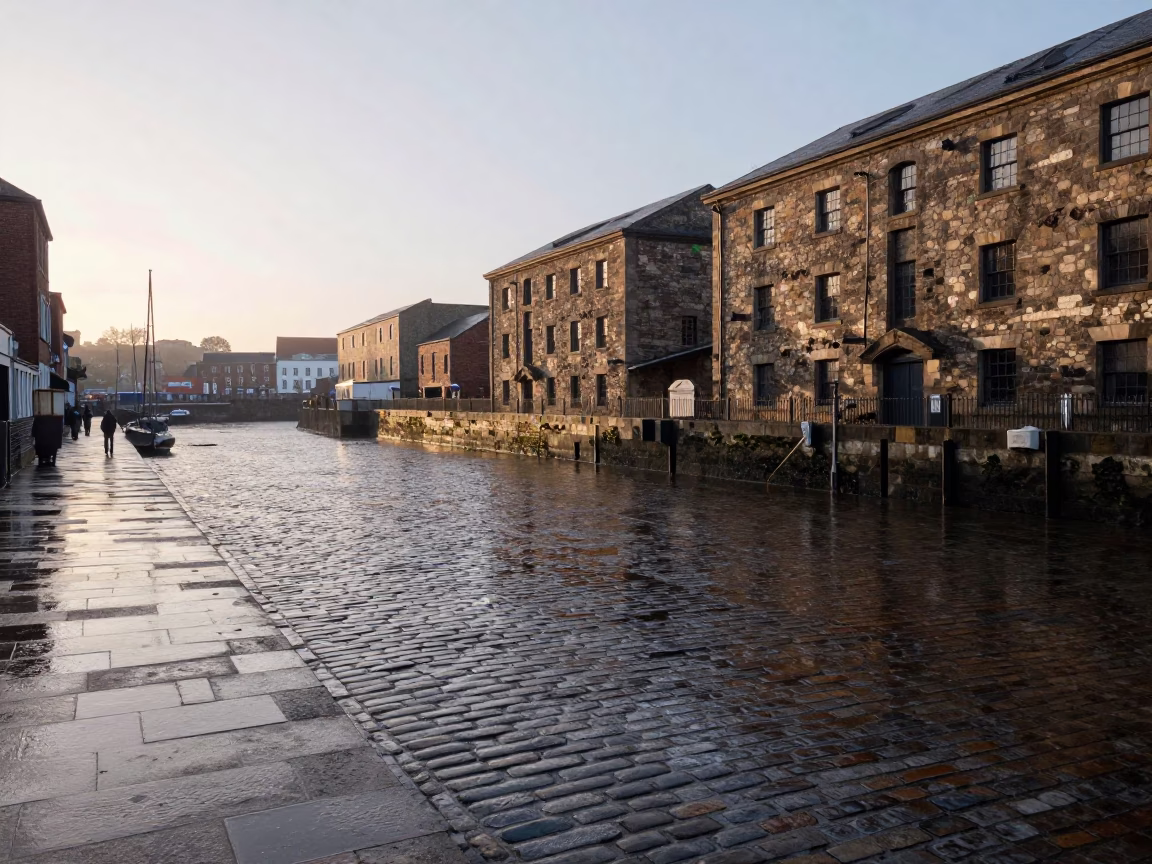 Early Morning Bristol Harbour Quay with Wet Cobblestones and Historic Stone Architecture in in Bristol, United Kingdom