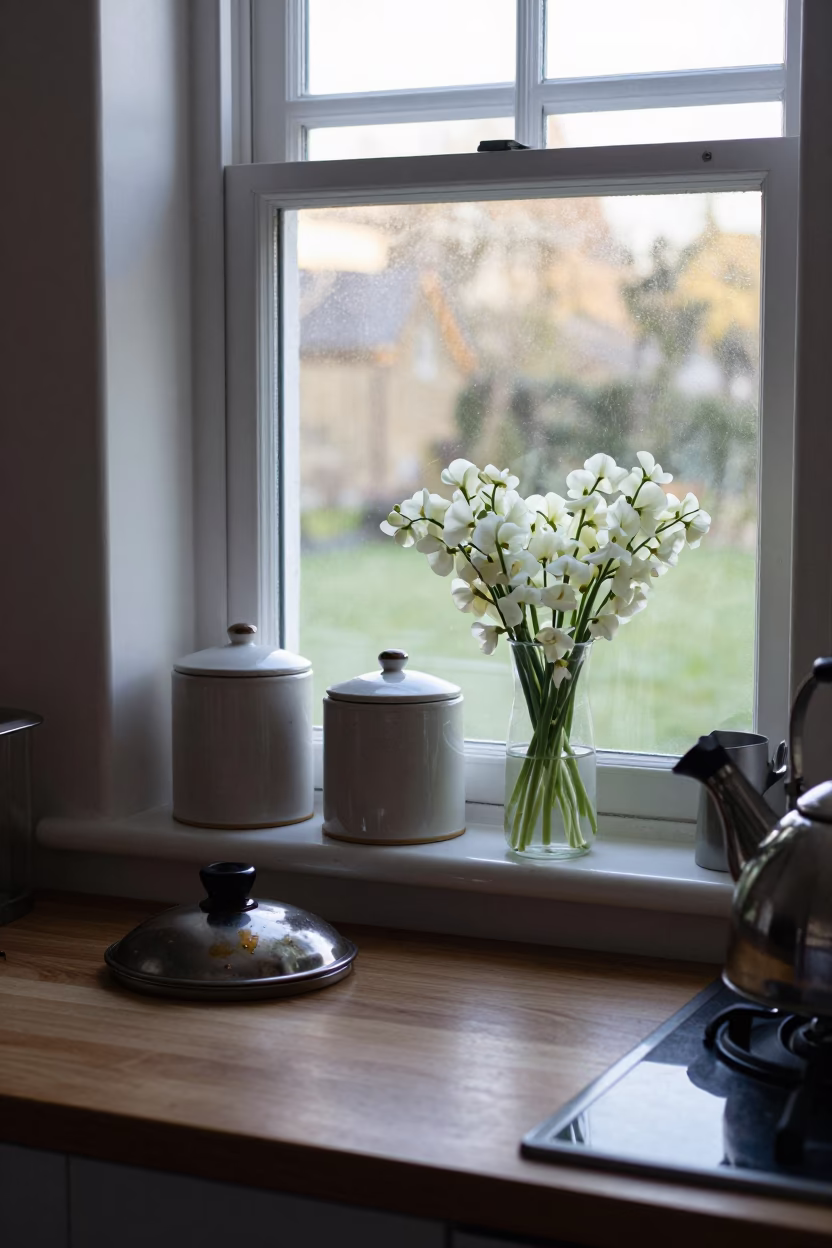 Early Morning Bristol Kitchen Scene with Sweet Peas and Canisters in in Bristol, United Kingdom