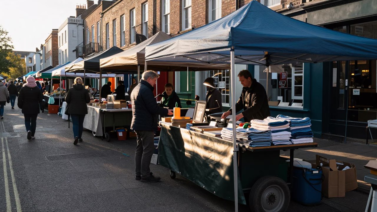 Early Morning Bristol Market Stall with Rolling Carts and Drying Towels in in Bristol, United Kingdom