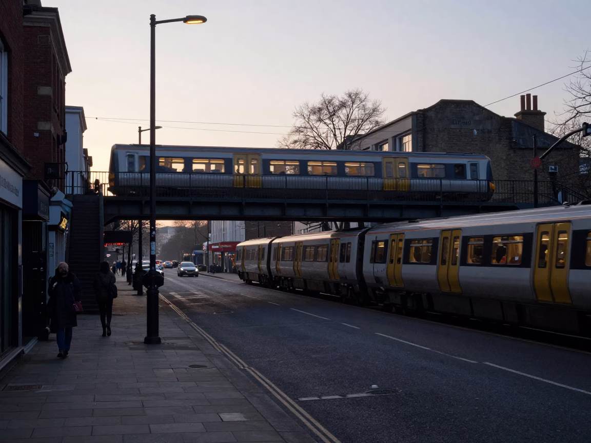 Early Morning Bristol Street Scene with Blue Hour Commuter Train Crossing Bridge in in Bristol, United Kingdom