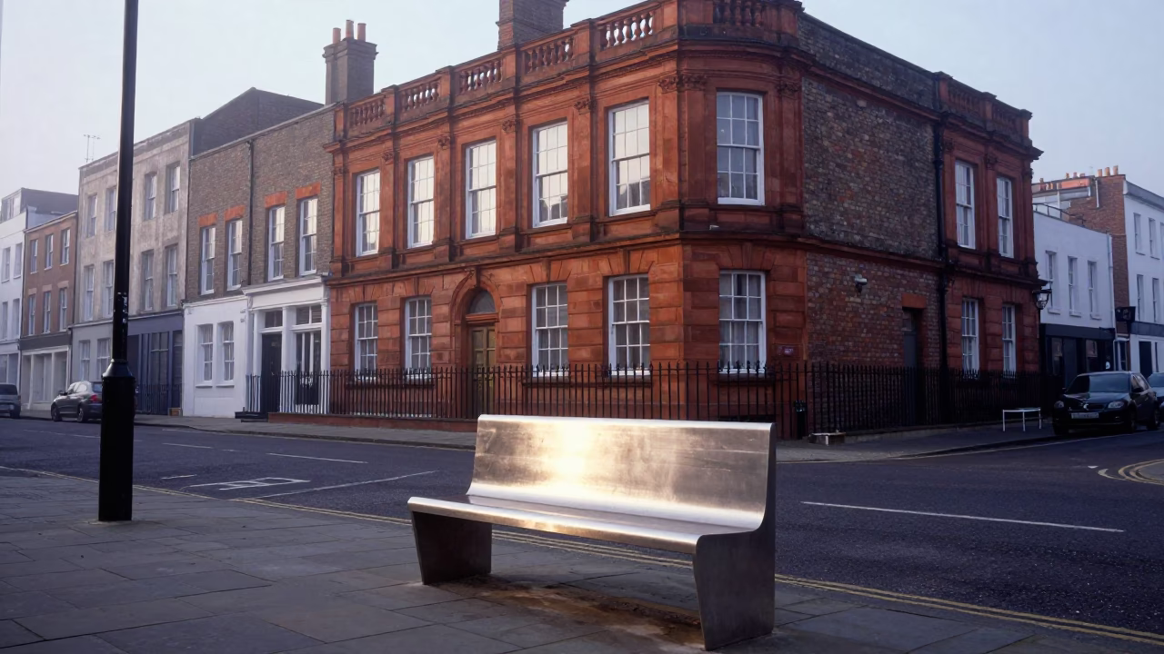 Early Morning Bristol Street Scene with Brushed Steel Bench and Glass Jar in in Bristol, United Kingdom
