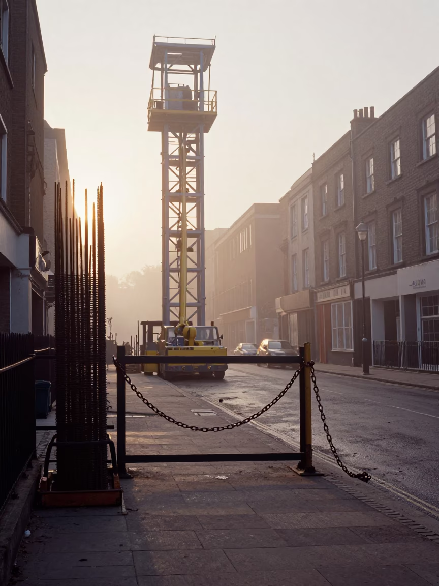 Early Morning Bristol Street Scene with Construction Elevator and Urban Details in in Bristol, United Kingdom