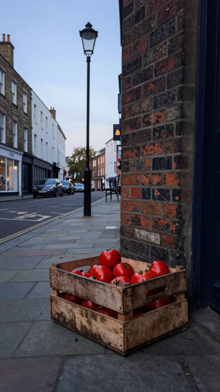 Early Morning Bristol Street Scene with Crate and Tomatoes in in Bristol, United Kingdom