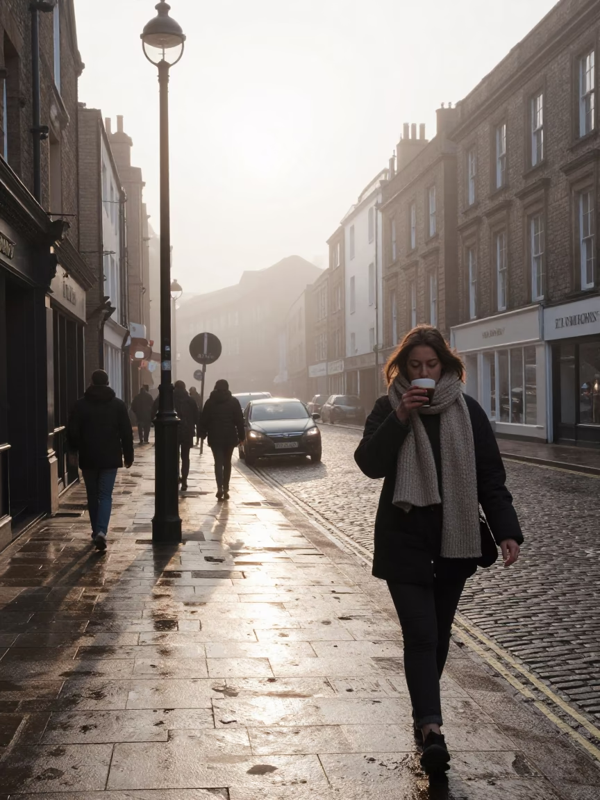 Early Morning Bristol Street Scene with Espresso Cup and Urban Architecture in in Bristol, United Kingdom
