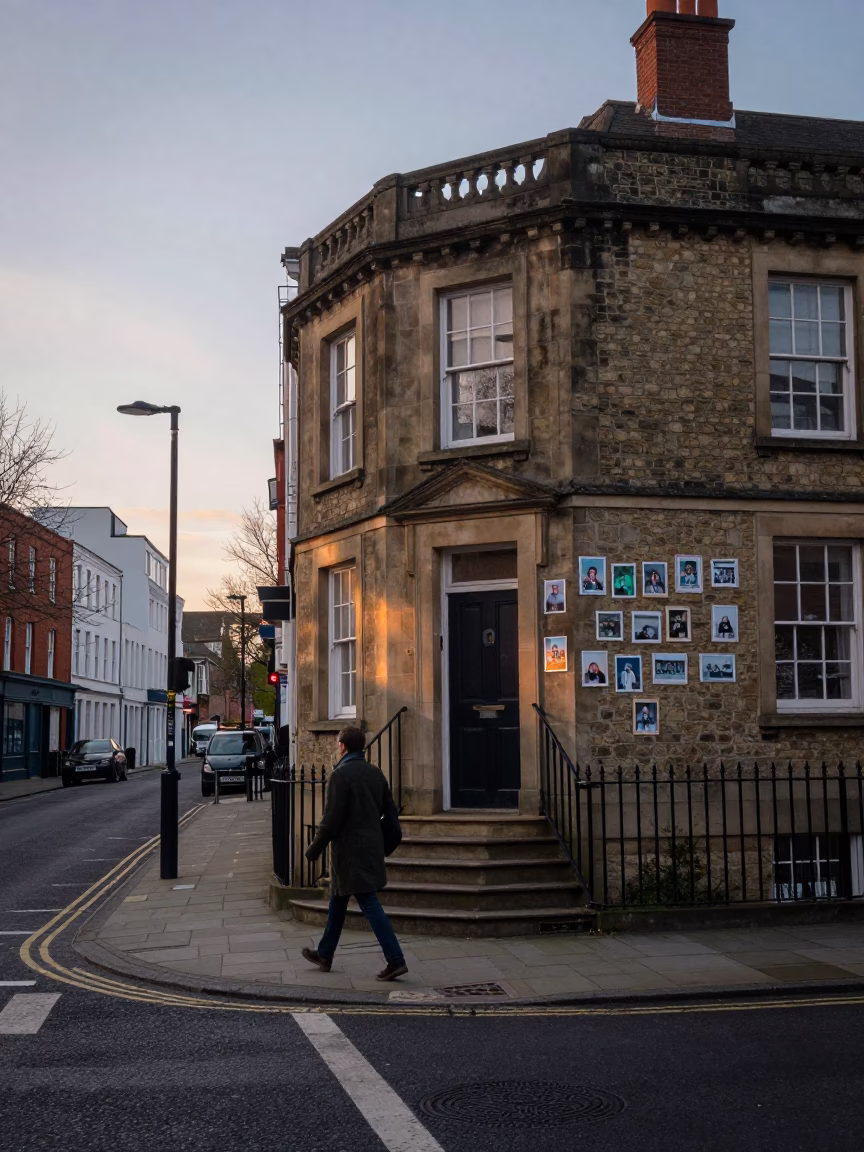 Early Morning Bristol Street Scene with Faded School Photos and Vintage Attire in in Bristol, United Kingdom