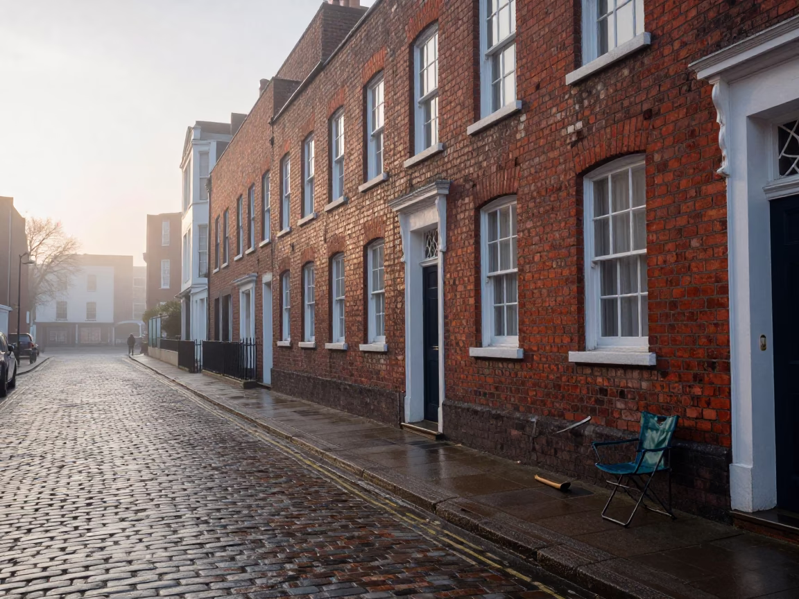 Early Morning Bristol Street Scene with Folding Chair and Plumbago Hedge in in Bristol, United Kingdom