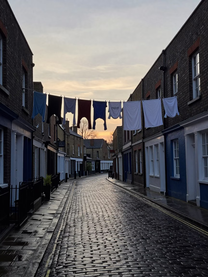 Early Morning Bristol Street Scene with Hanging Laundry and Damp Cobblestones in United Kingdom in in Bristol, United Kingdom