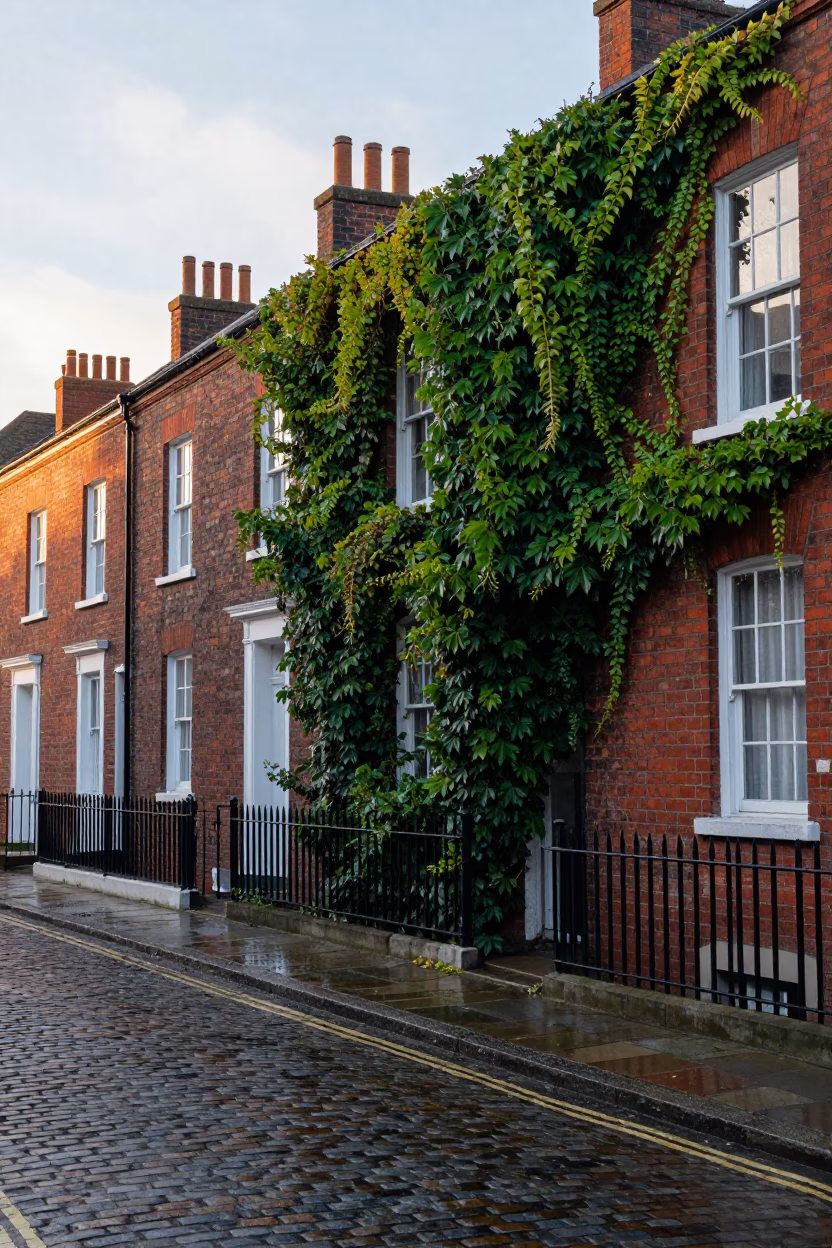 Early Morning Bristol Street Scene with Ivy Vines and Brick Architecture in in Bristol, United Kingdom